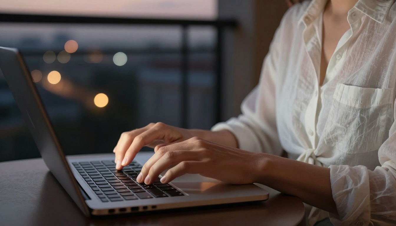 Creator working at laptop reviewing AI-generated content