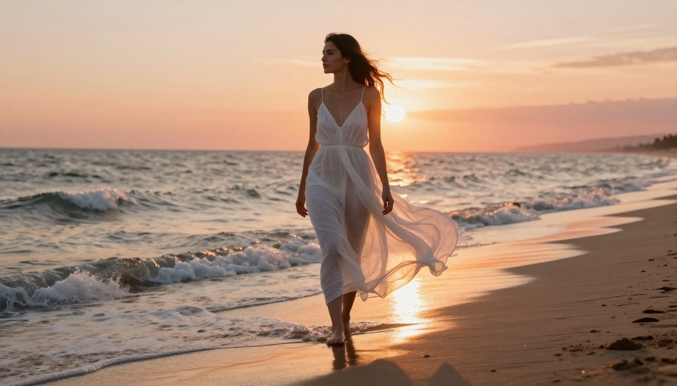 Woman in sheer dress at ocean sunset