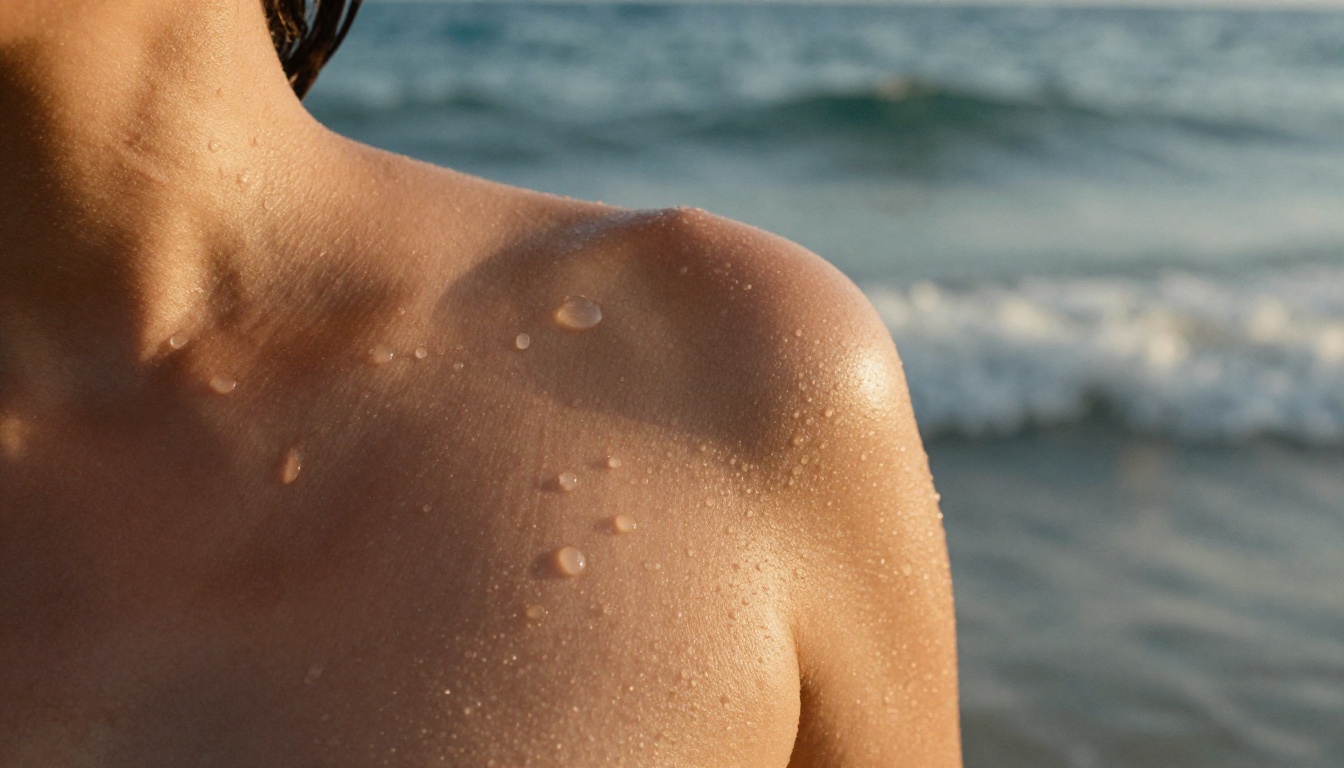 Close-up of a woman's wet bare back with water droplets catching specular highlights from the sun, ocean softly blurred in background Close-up of a woman's wet bare back with water droplets catching specular highlights from the sun, ocean softly blurred in background