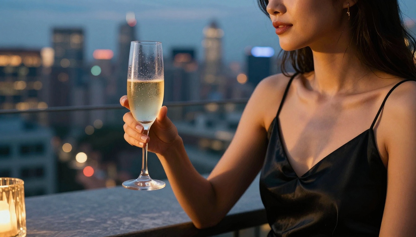 Woman in elegant setting at rooftop bar