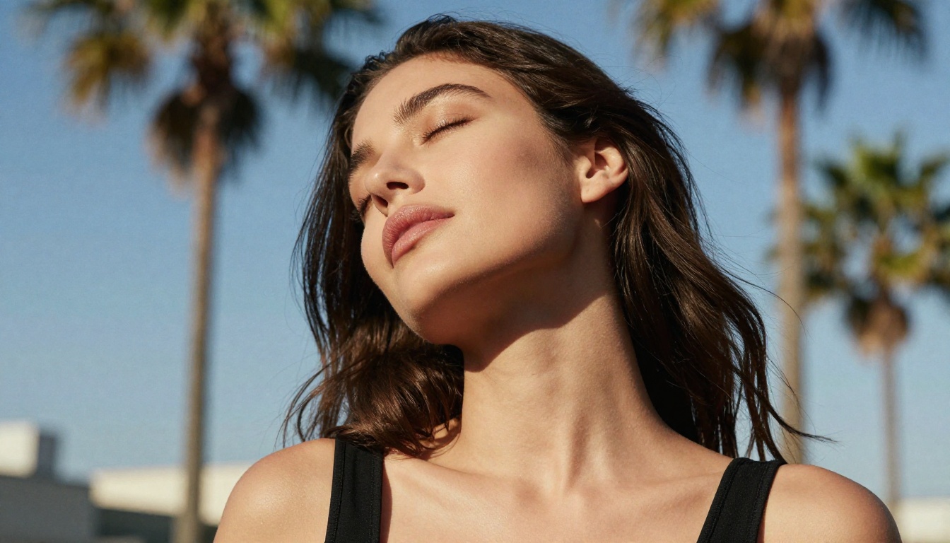 Beautiful woman with head tilted back in warm afternoon sunlight, peaceful expression, black bandeau top, palm tree bokeh background Beautiful woman with head tilted back in warm afternoon sunlight, peaceful expression, black bandeau top, palm tree bokeh background
