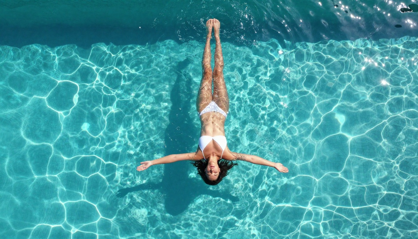 Woman at luxury infinity pool aerial view