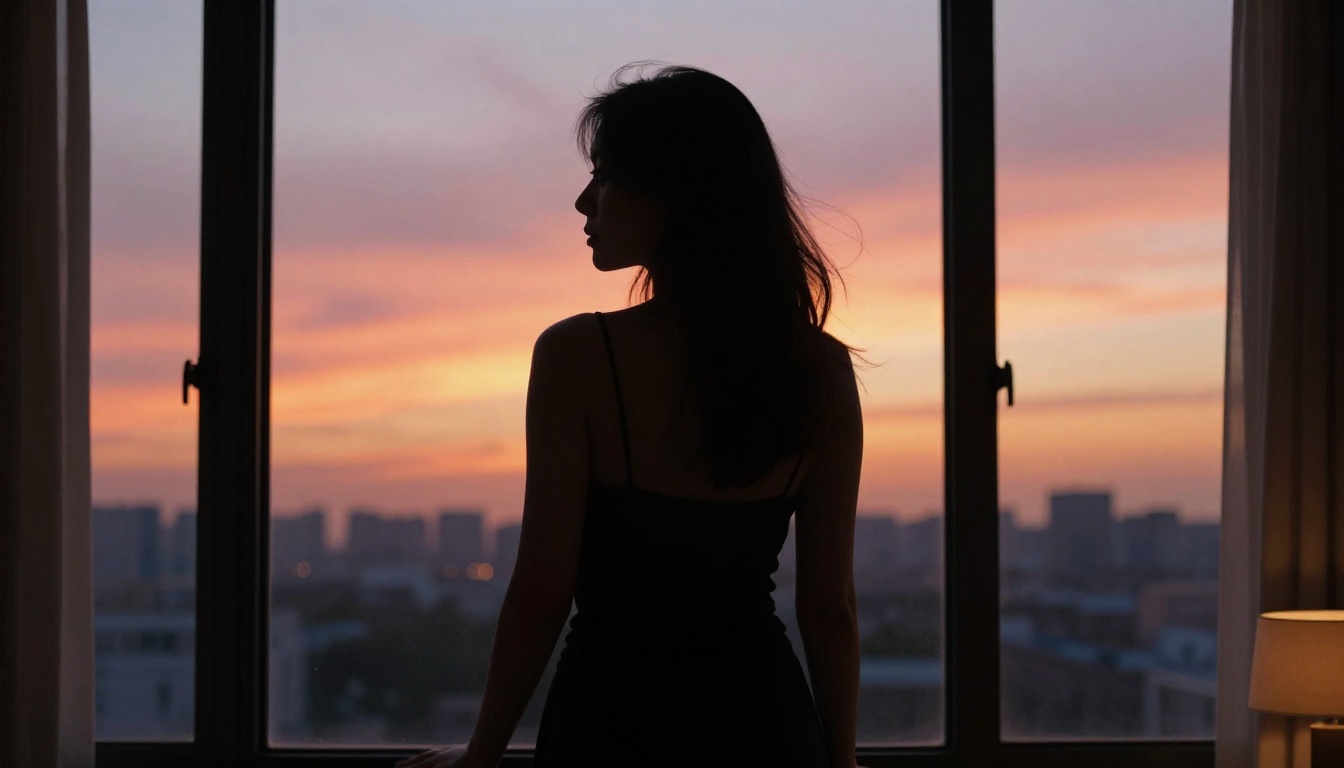 Woman silhouetted against a dramatic sunset window