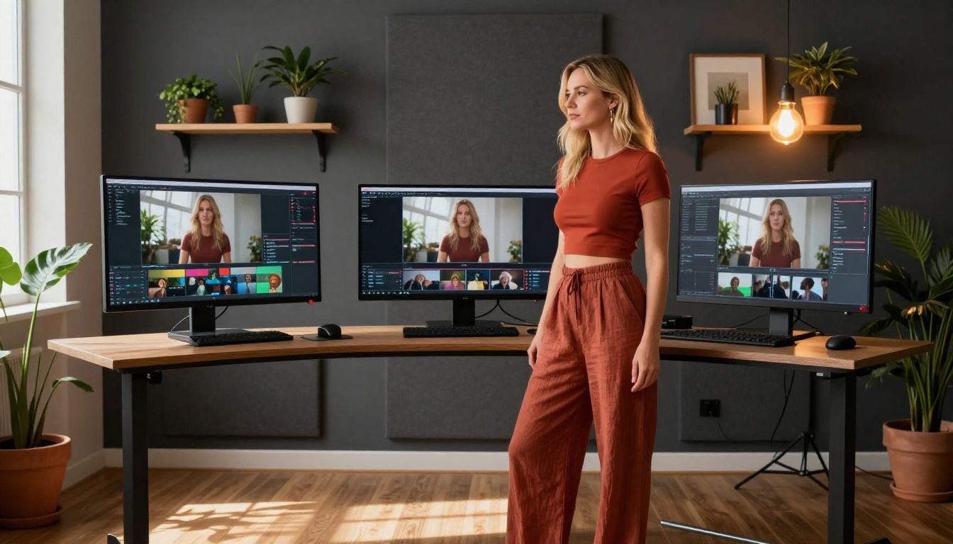 Professional content creator at a multi-monitor studio desk