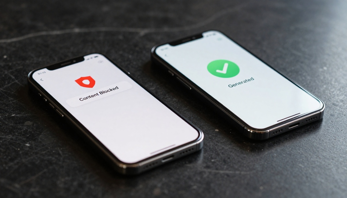 Two smartphones showing blocked and allowed AI content side by side