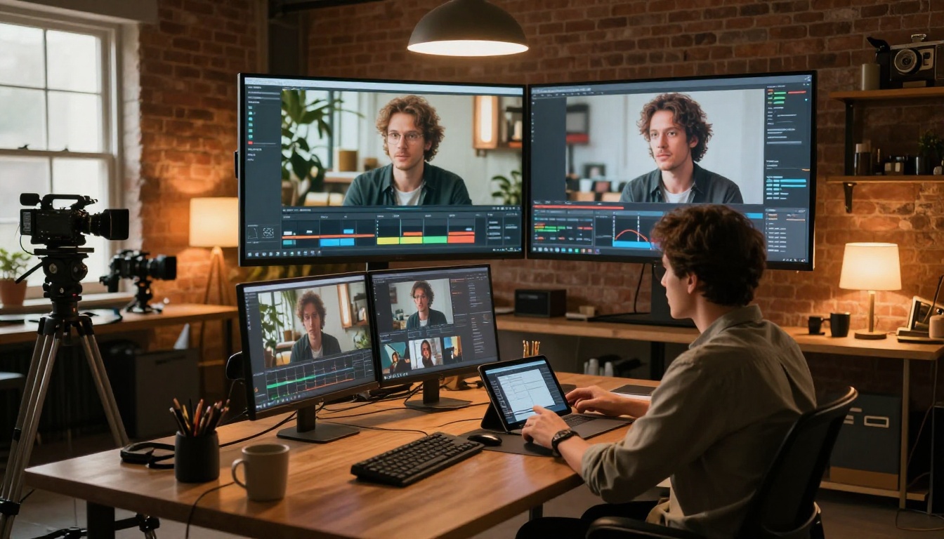 Professional content creation studio with multiple curved monitors showing AI video timelines
