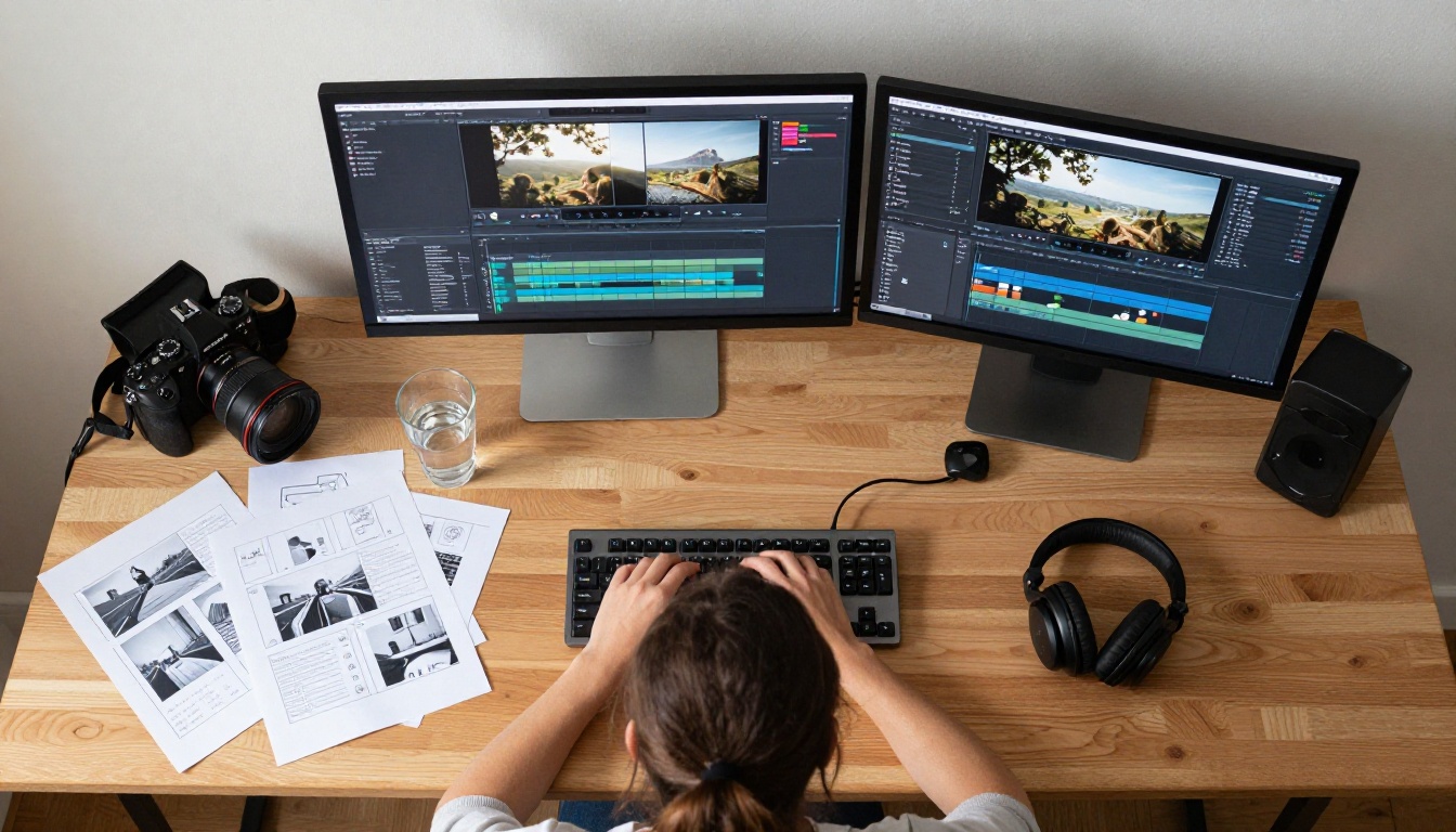 Aerial bird's-eye view of content creator workspace with monitors camera and storyboards