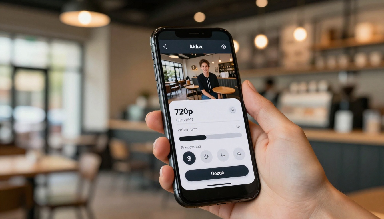 Woman using AI video generation app on smartphone in a warm coffee shop