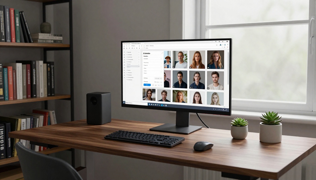 Modern home office with AI generation platform on ultrawide monitor