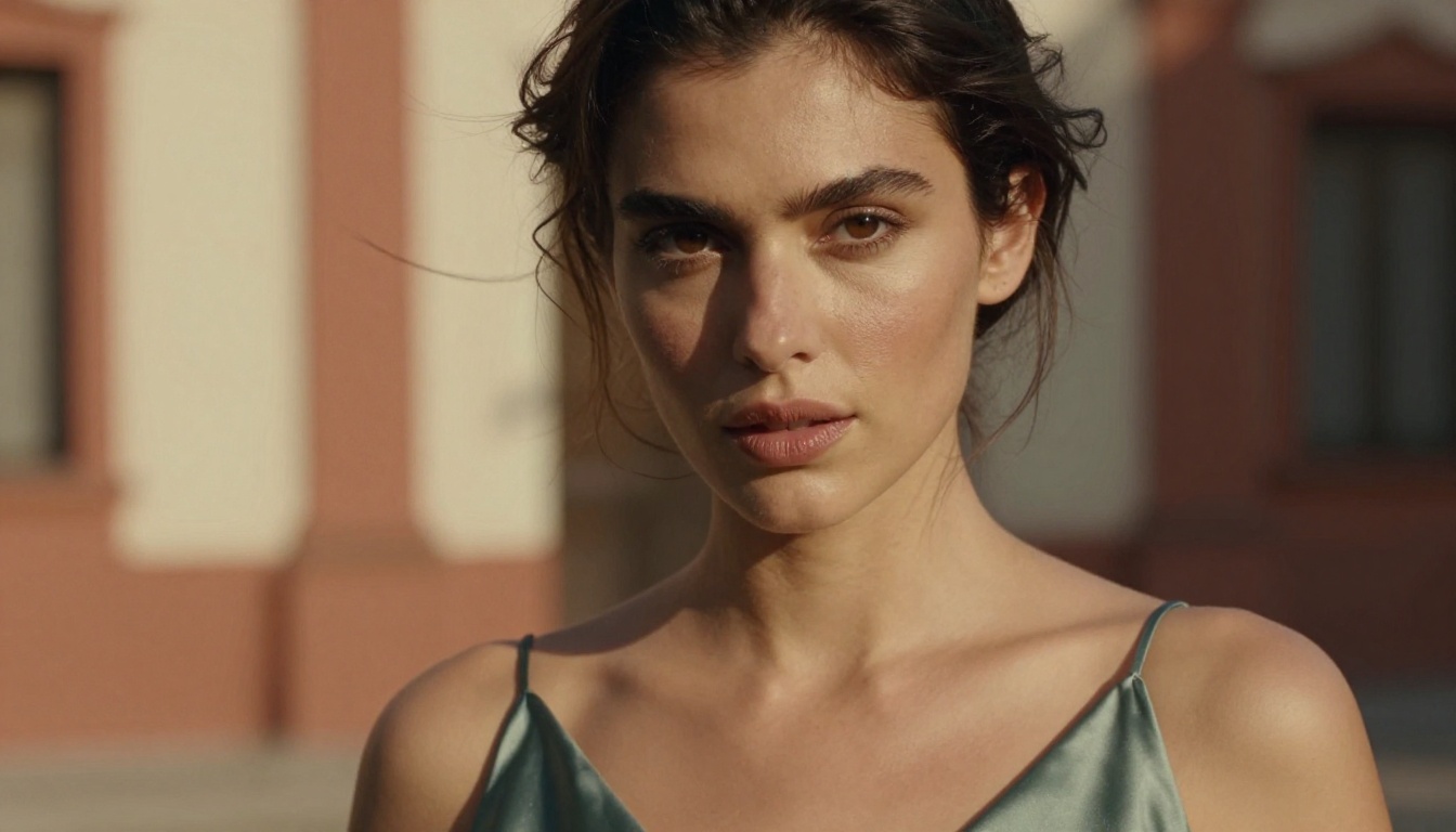 Close-up portrait of beautiful woman in sage green dress, photorealistic natural lighting