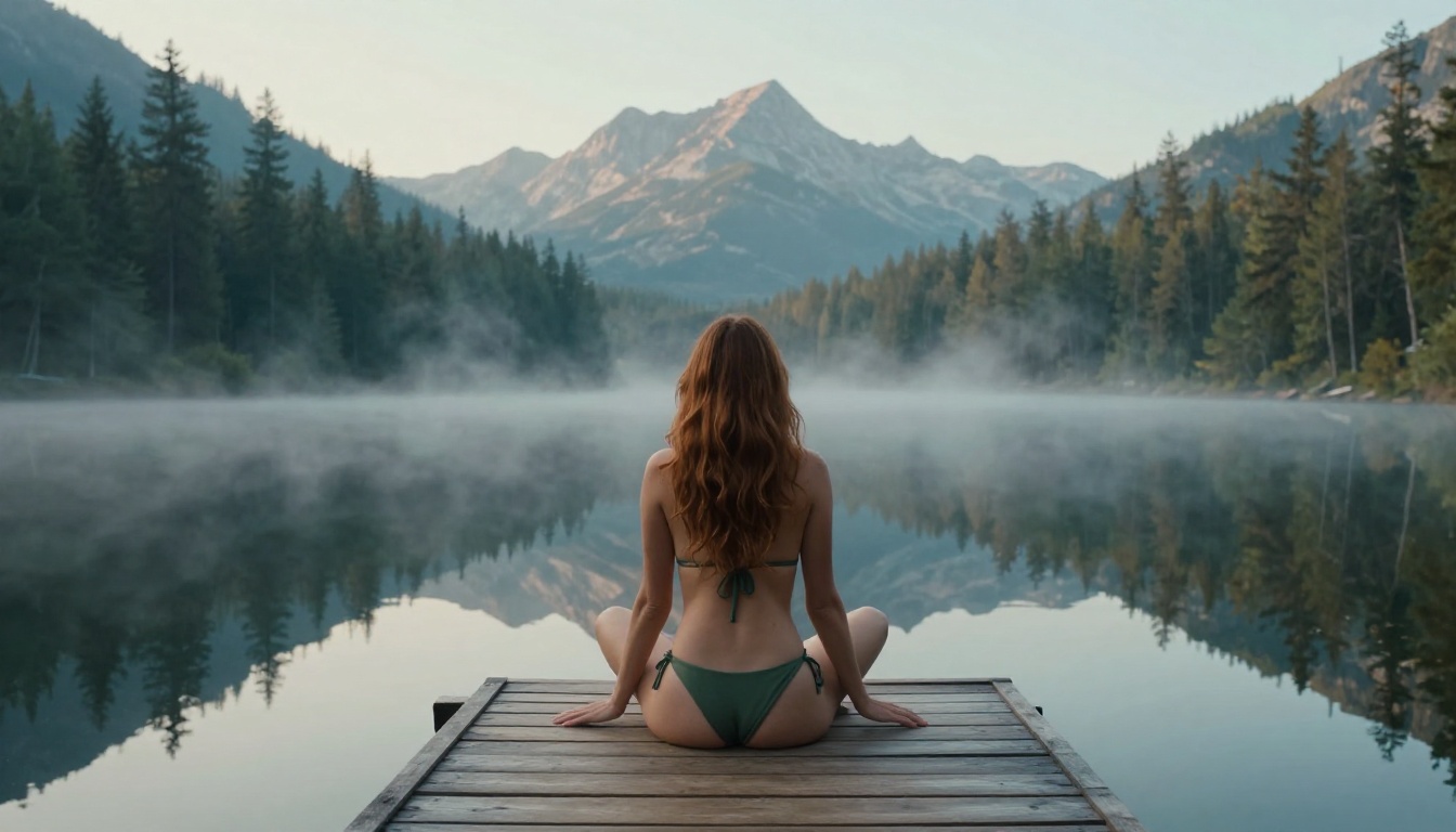 Woman in forest-green bikini sitting on wooden dock over perfectly still mountain lake at dawn, mist rising, pine forest reflected below