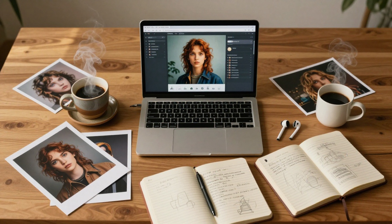 AI creative workspace with dual monitors displaying generated artwork