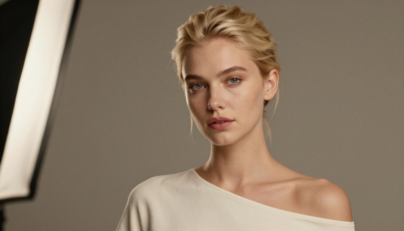 Fashion portrait of platinum blonde woman in studio setting