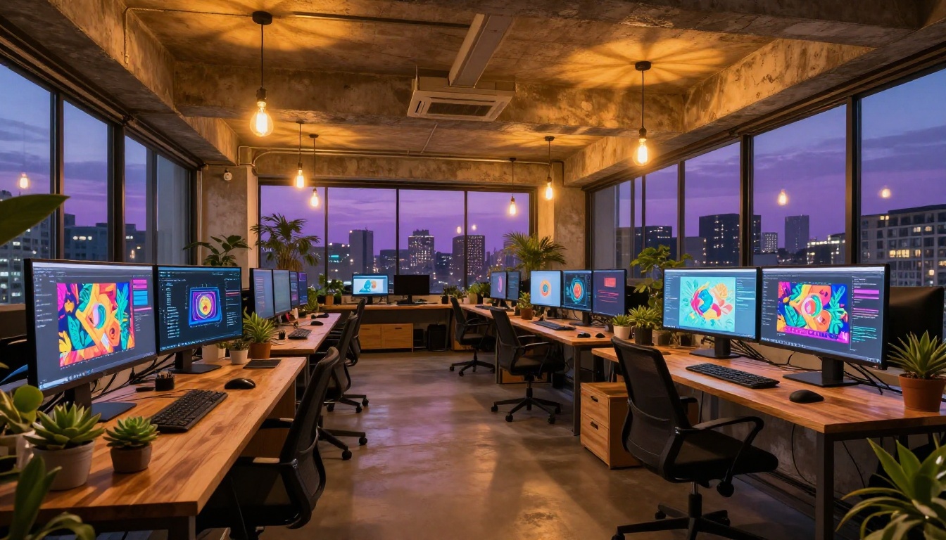 Modern AI creative studio interior at dusk with city skyline
