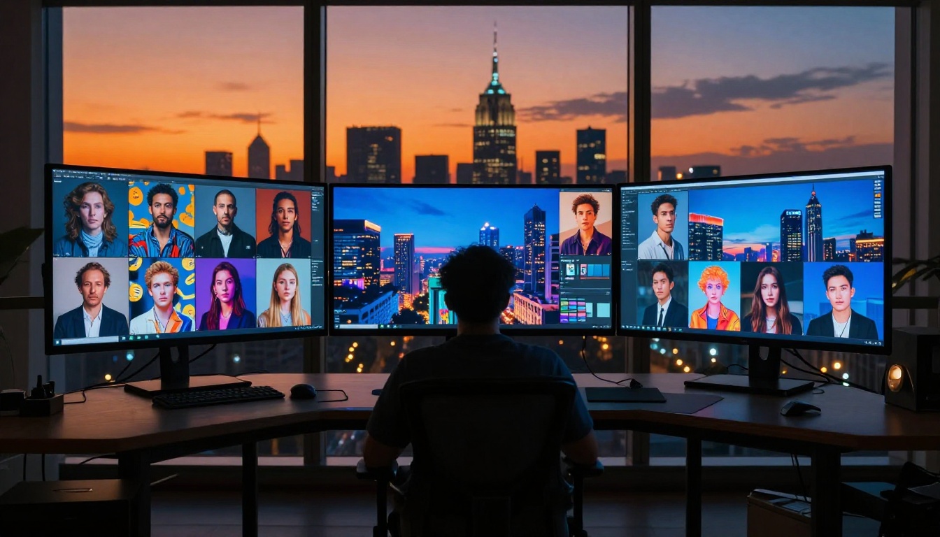 Cinematic silhouette at triple-monitor AI workstation with sunset cityscape