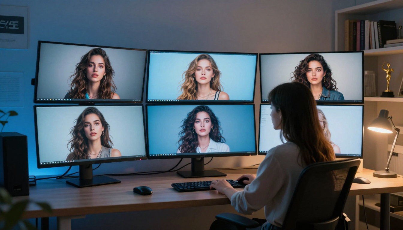 Creative workspace with multiple monitors showing AI-generated images Creative workspace with multiple monitors showing AI-generated images