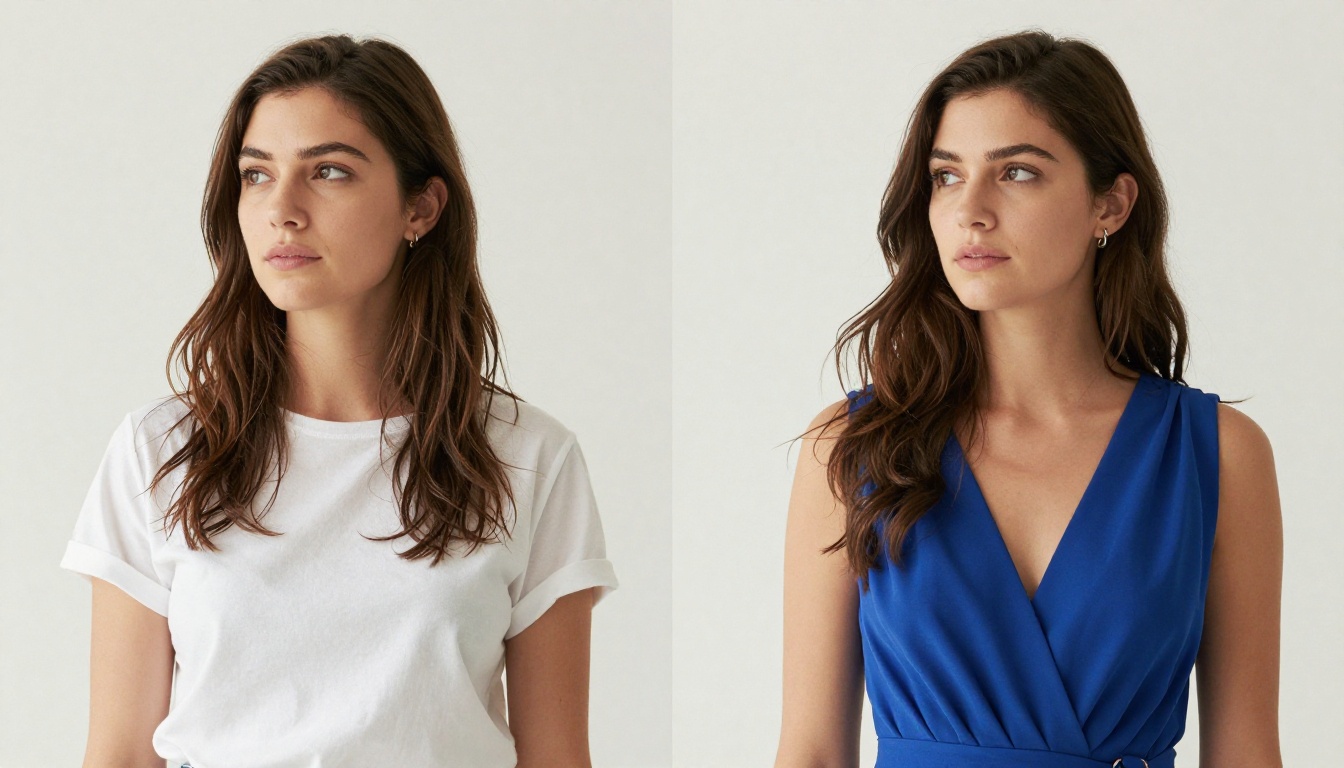Two women compared in different outfits in a studio setting