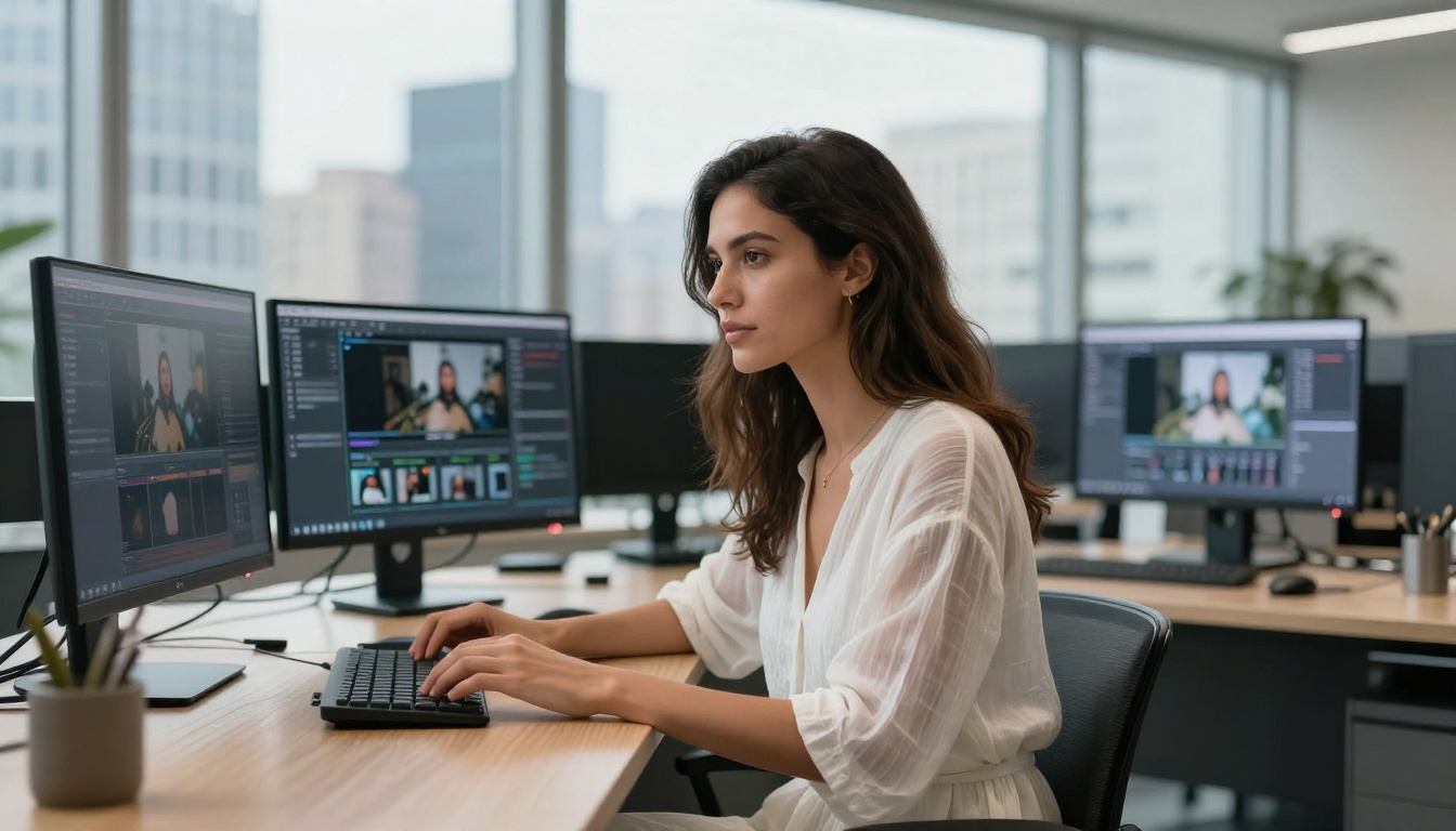 AI workspace with multiple screens showing video generation software AI workspace with multiple screens showing video generation software
