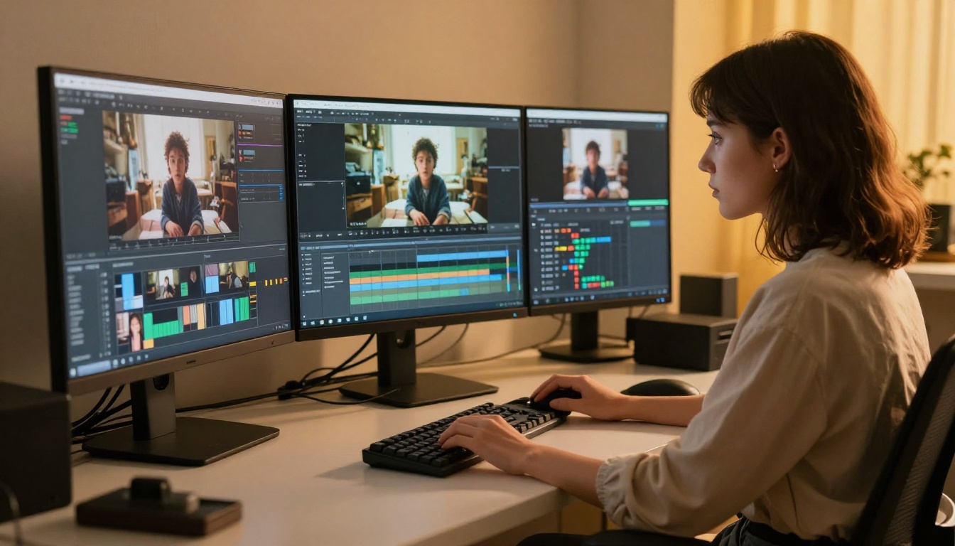 Woman at a professional video editing workstation with multiple monitors showing AI-generated footage Woman at a professional video editing workstation with multiple monitors showing AI-generated footage
