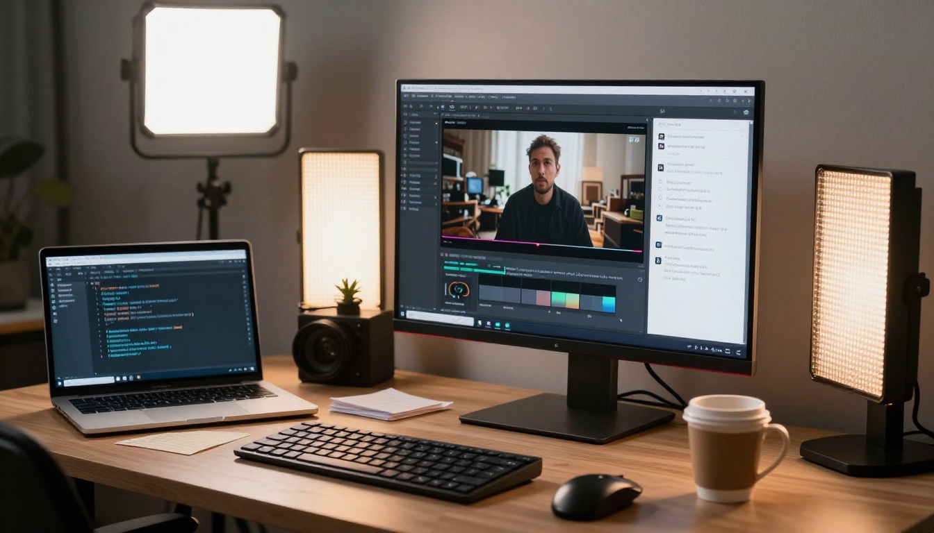 Modern content creator desk setup with large 4K monitor showing an AI video platform interface Modern content creator desk setup with large 4K monitor showing an AI video platform interface