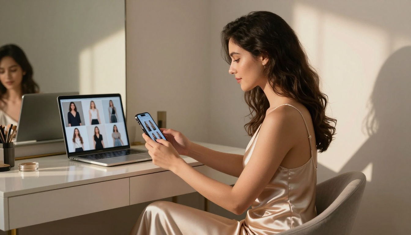 Woman in champagne slip dress seated at a vanity table with phone