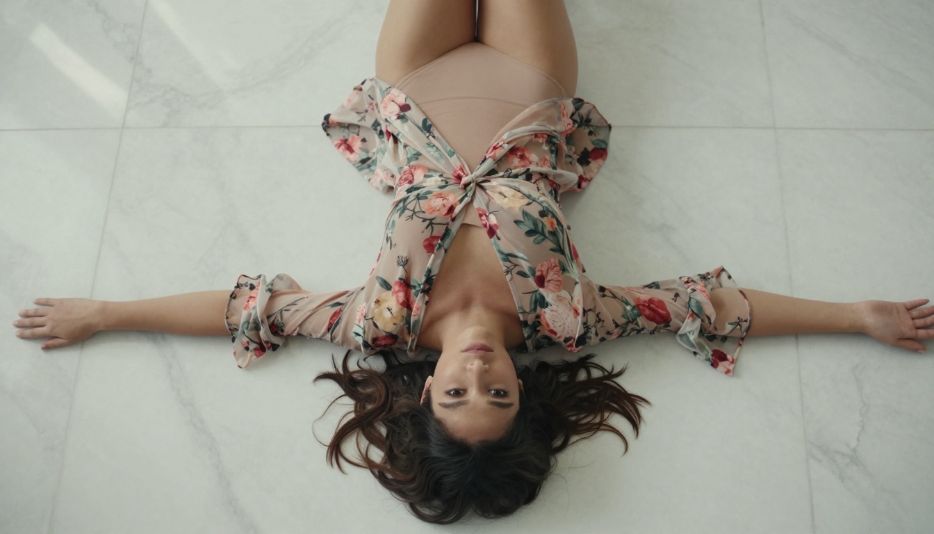 Aerial overhead shot of woman in sheer floral wrap dress on marble floor