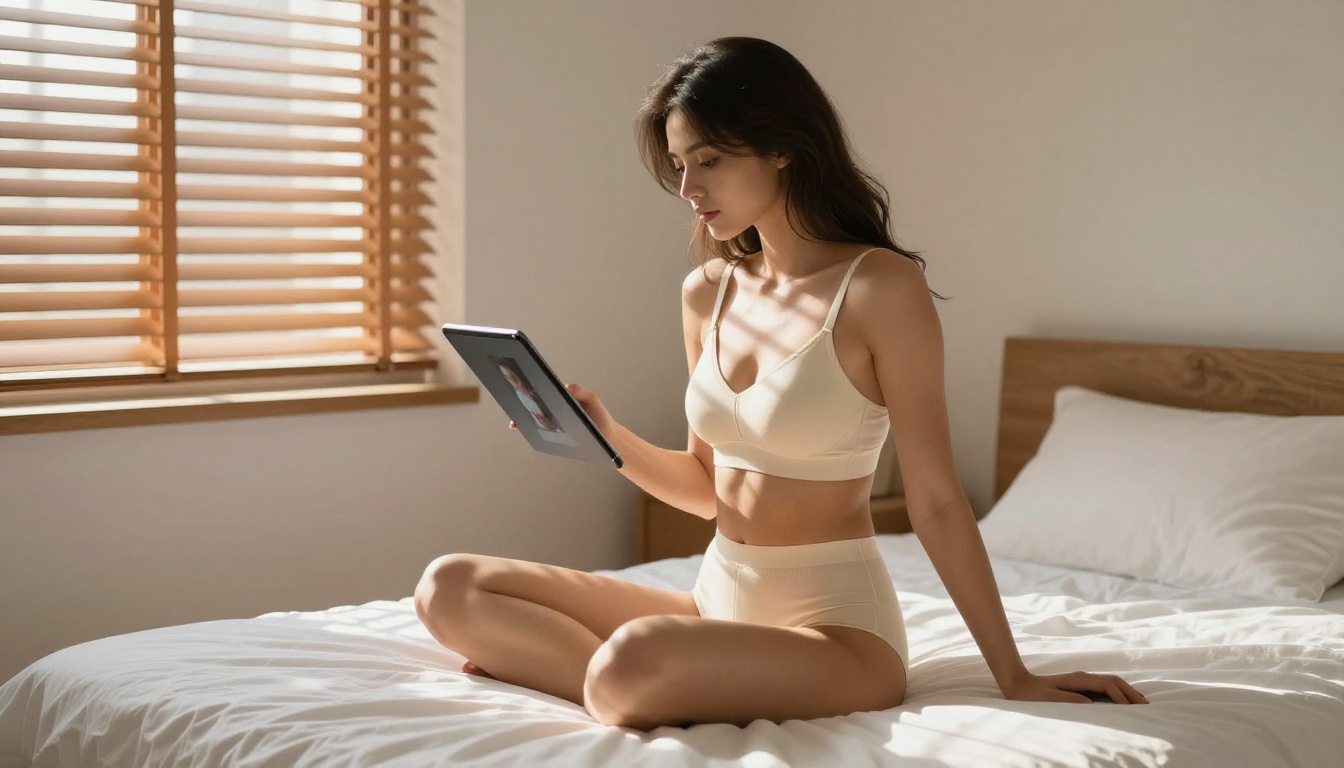 Woman in cream bralette on a bed looking at a tablet showing AI results