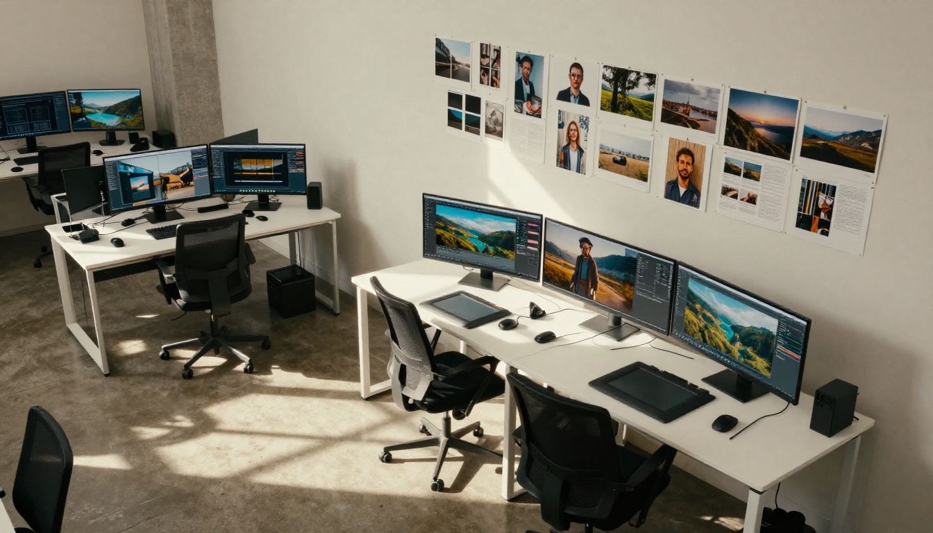 Creative studio workspace with AI-generated artwork displayed on multiple monitors Creative studio workspace with AI-generated artwork displayed on multiple monitors