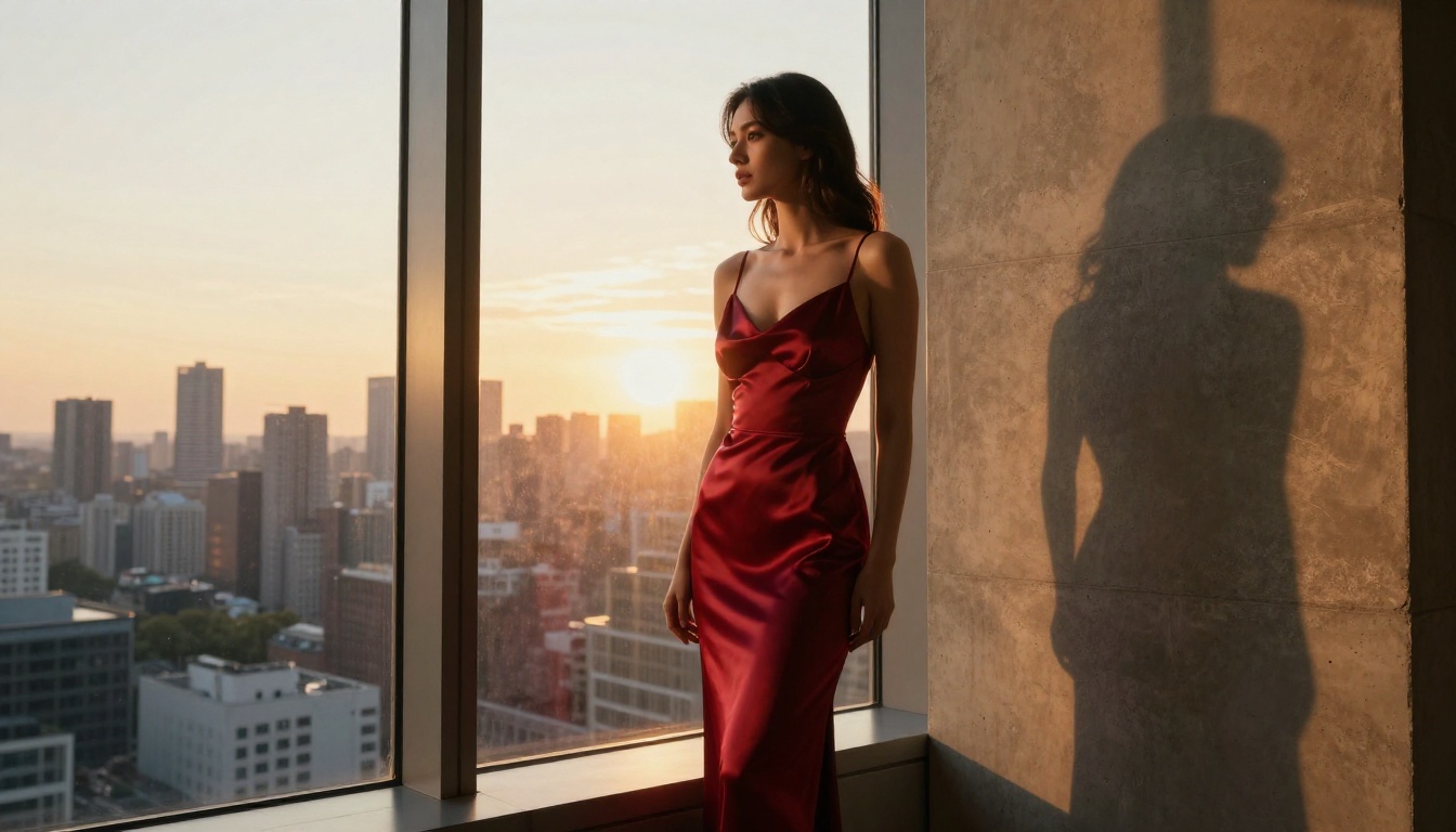 Elegant woman in deep crimson dress at floor-to-ceiling windows with city skyline at golden hour Elegant woman in deep crimson dress at floor-to-ceiling windows with city skyline at golden hour