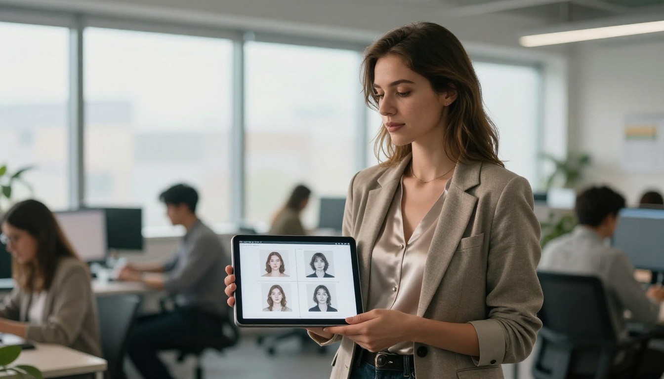 Creative professional woman holding tablet displaying AI-generated image comparison grid Creative professional woman holding tablet displaying AI-generated image comparison grid