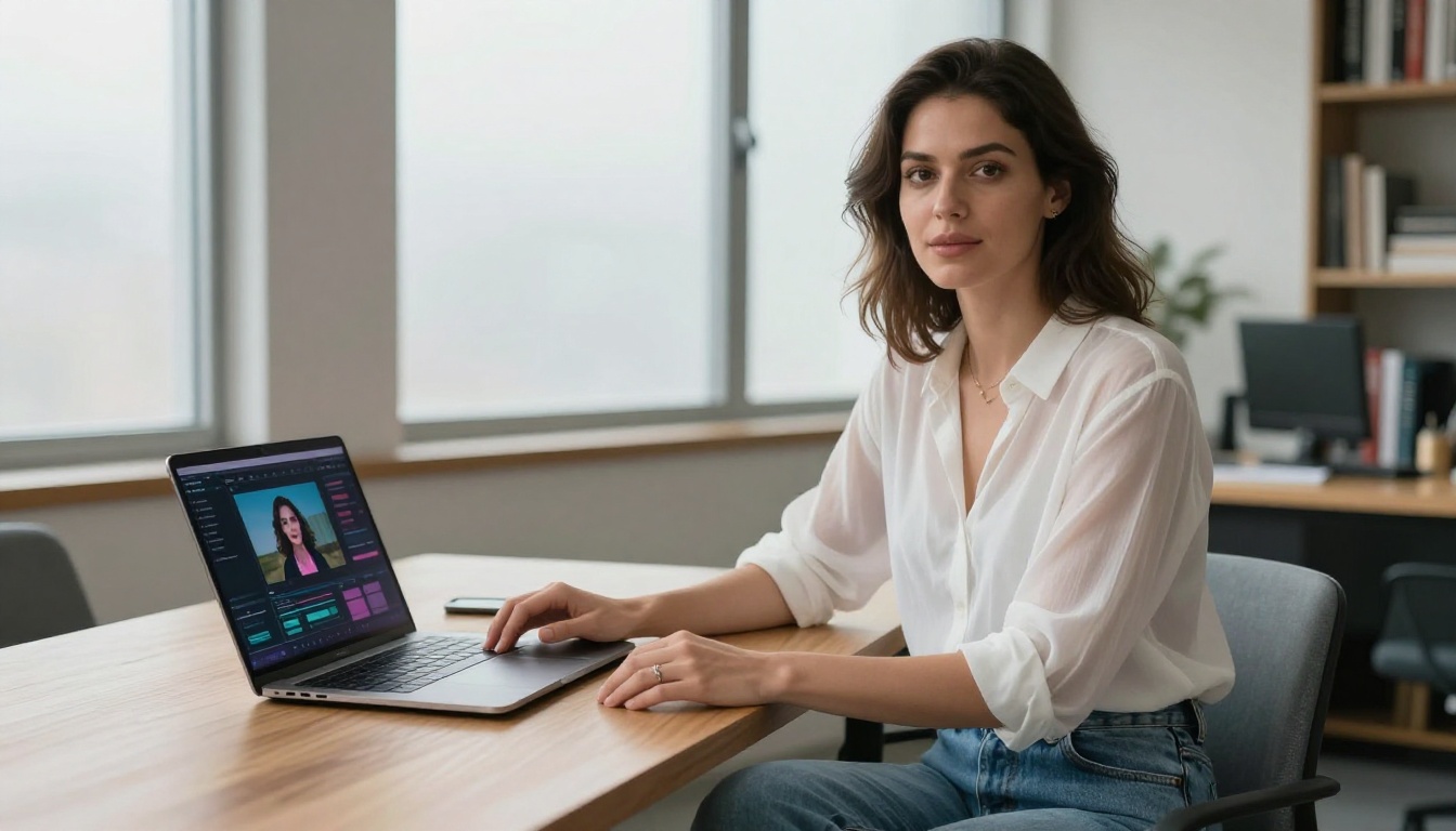 Woman using AI video generation interface on laptop in creative studio