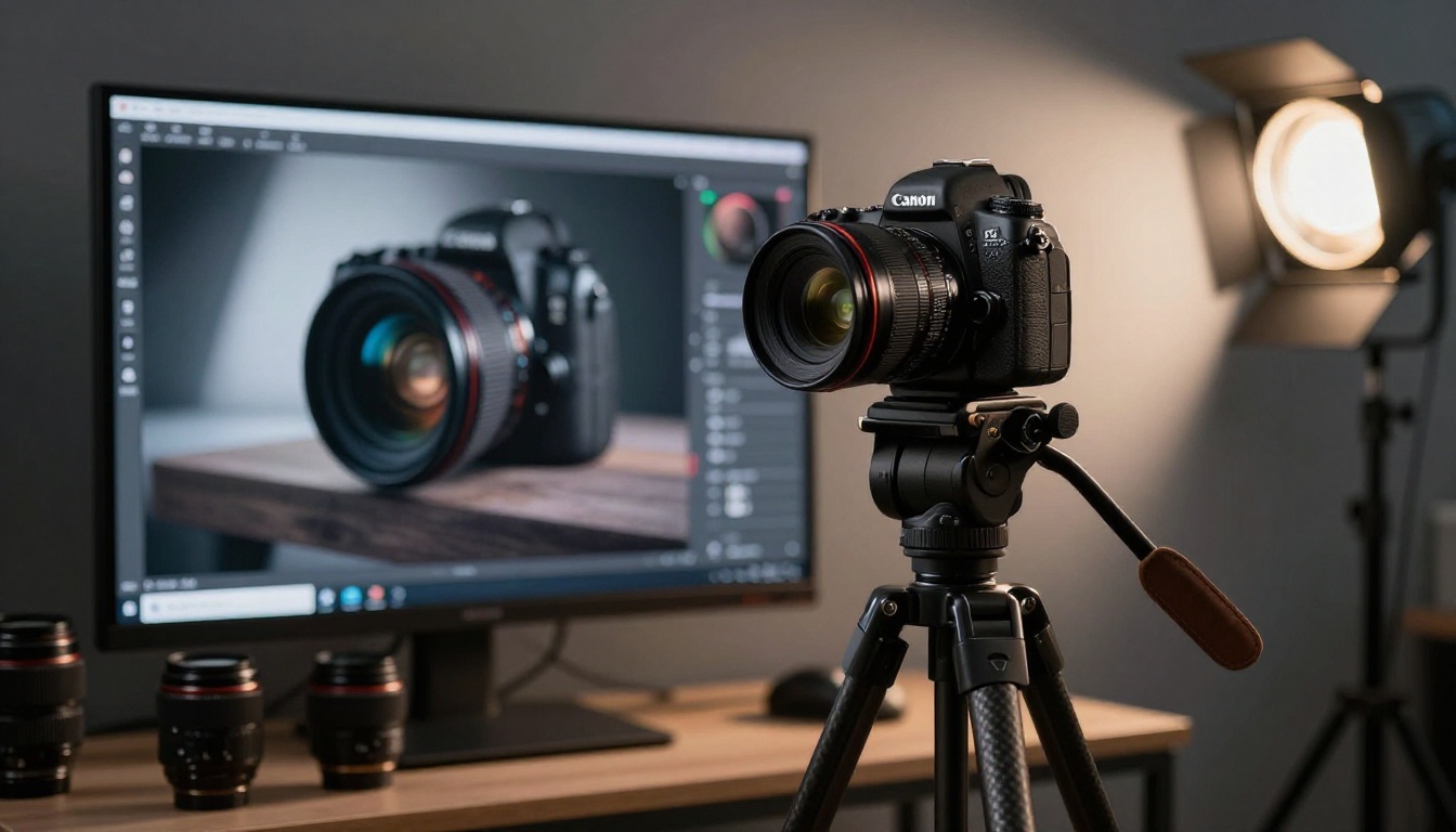 Professional photographer's studio with DSLR camera and AI generation interface on monitor
