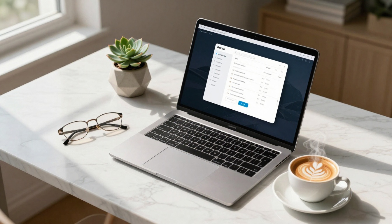 Overhead view of slim laptop on marble desk with AI interface, cappuccino, and succulent plant