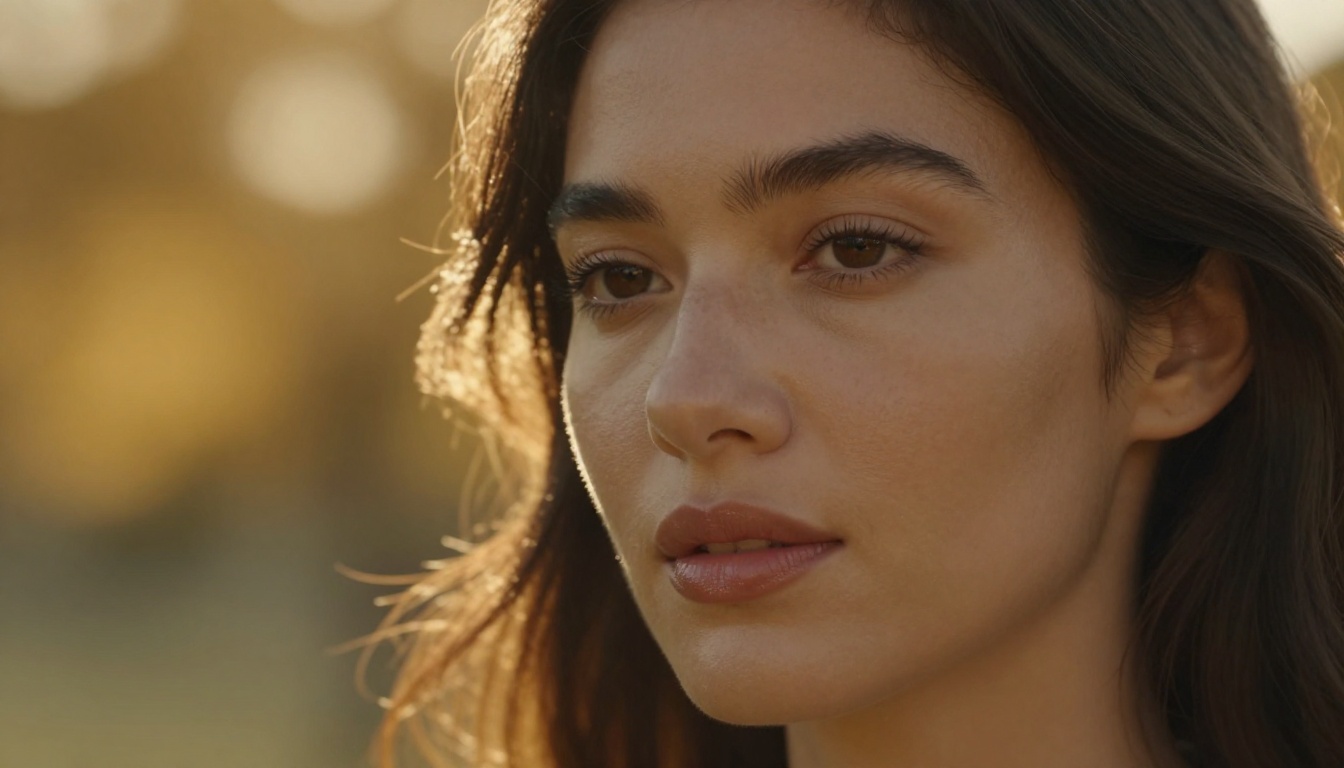 Close-up portrait of woman with natural skin and freckles, golden hour rim lighting, blurred trees