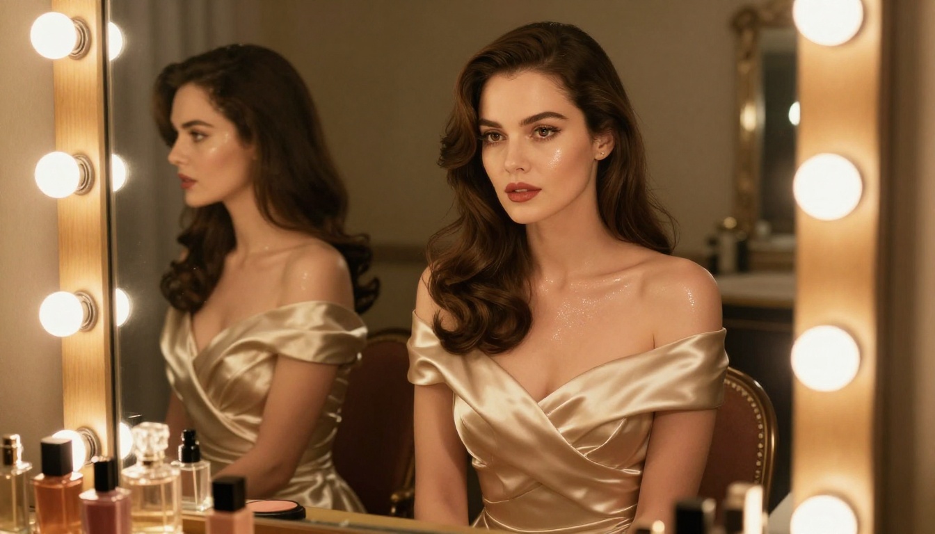 Woman in champagne satin gown at Hollywood vanity mirror, warm incandescent lighting