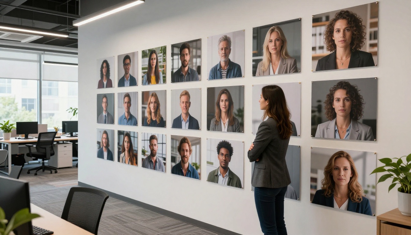 Professional woman comparing AI-generated images on a large office wall grid installation