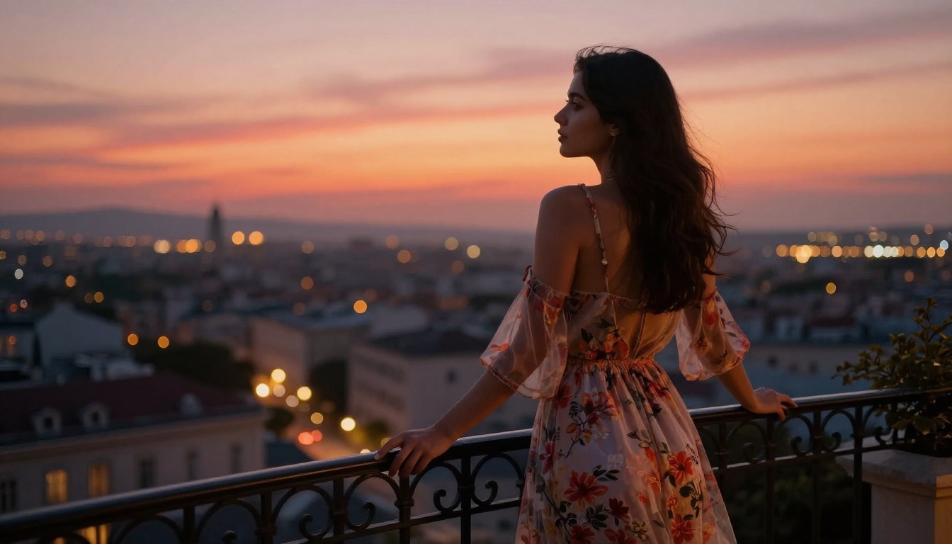 Young woman in sheer summer dress on luxury hotel balcony at golden sunset over cityscape