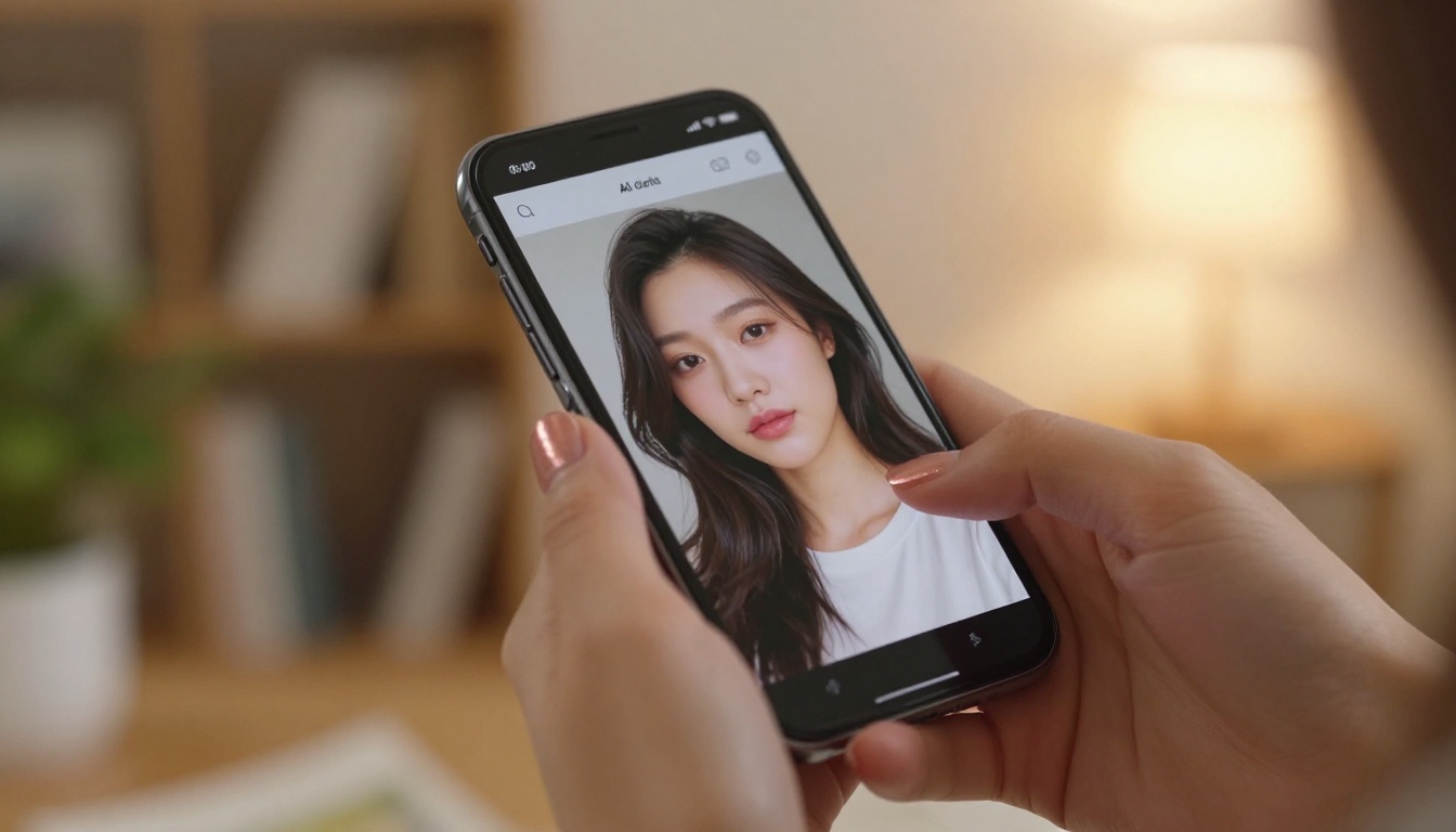Woman's manicured hands holding smartphone with beautiful AI portrait on screen, warm indoor bokeh
