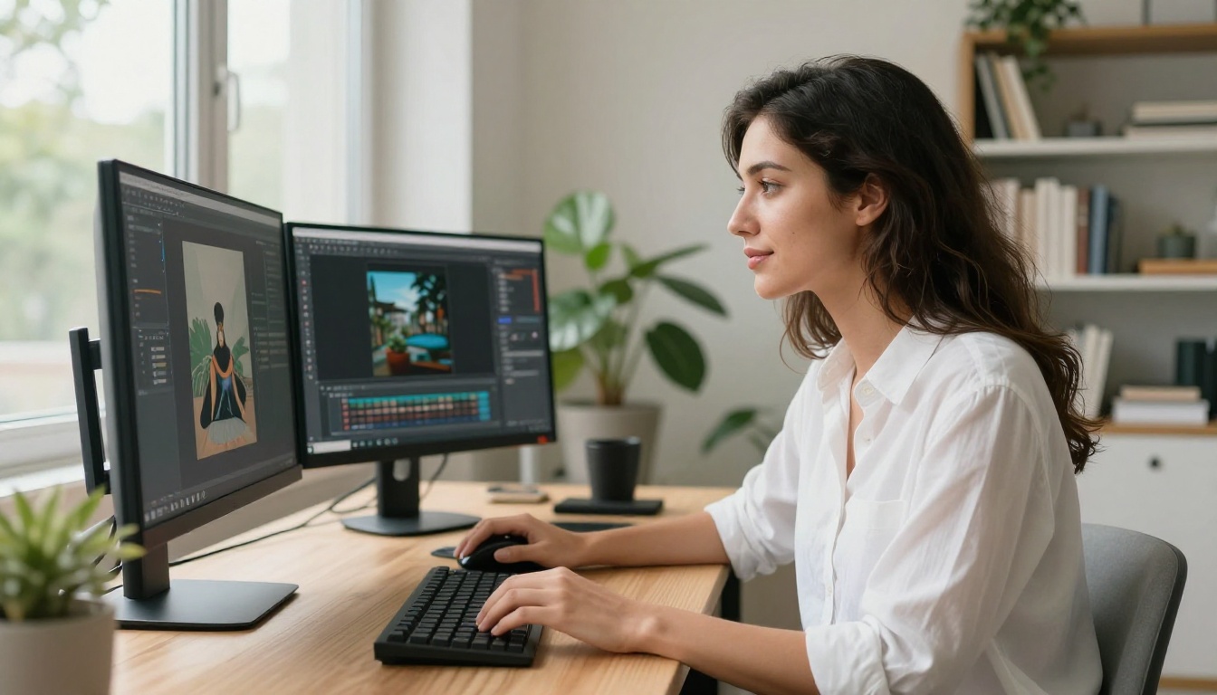 Attractive content creator at dual-monitor workstation with AI art tools, bright home office with houseplants