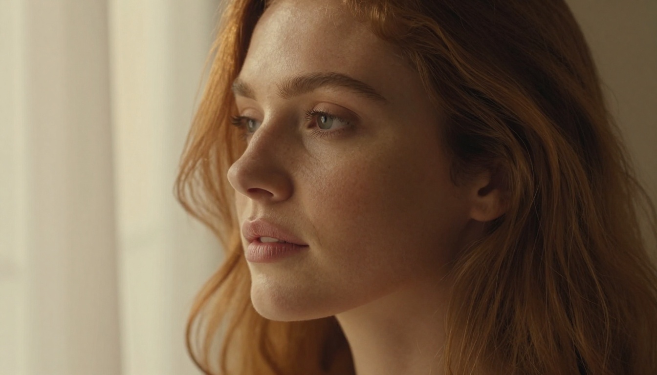 Beautiful woman with wavy auburn hair in close-up portrait, soft golden window light from left, natural freckled skin, photorealistic