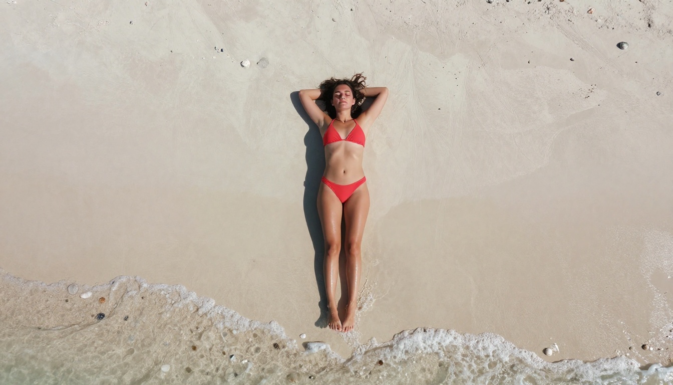 Aerial drone shot looking down at woman in coral red bikini sunbathing on pristine white sand beach, scattered seashells, retreating wave foam at edges