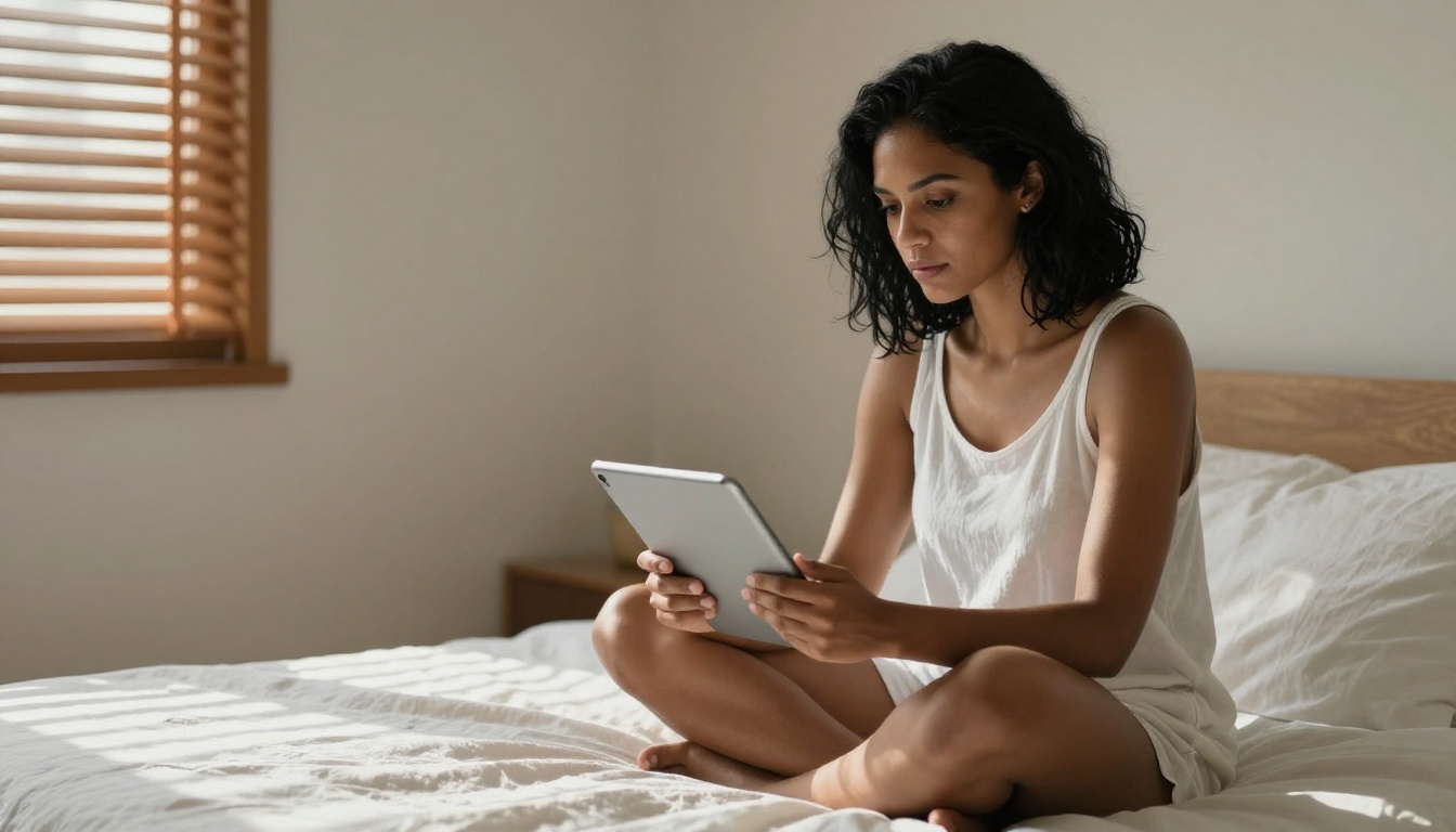 Woman with jet-black hair and olive skin studying a tablet in minimalist sunlit bedroom, dramatic stripe shadows from wooden shutters across white linen
