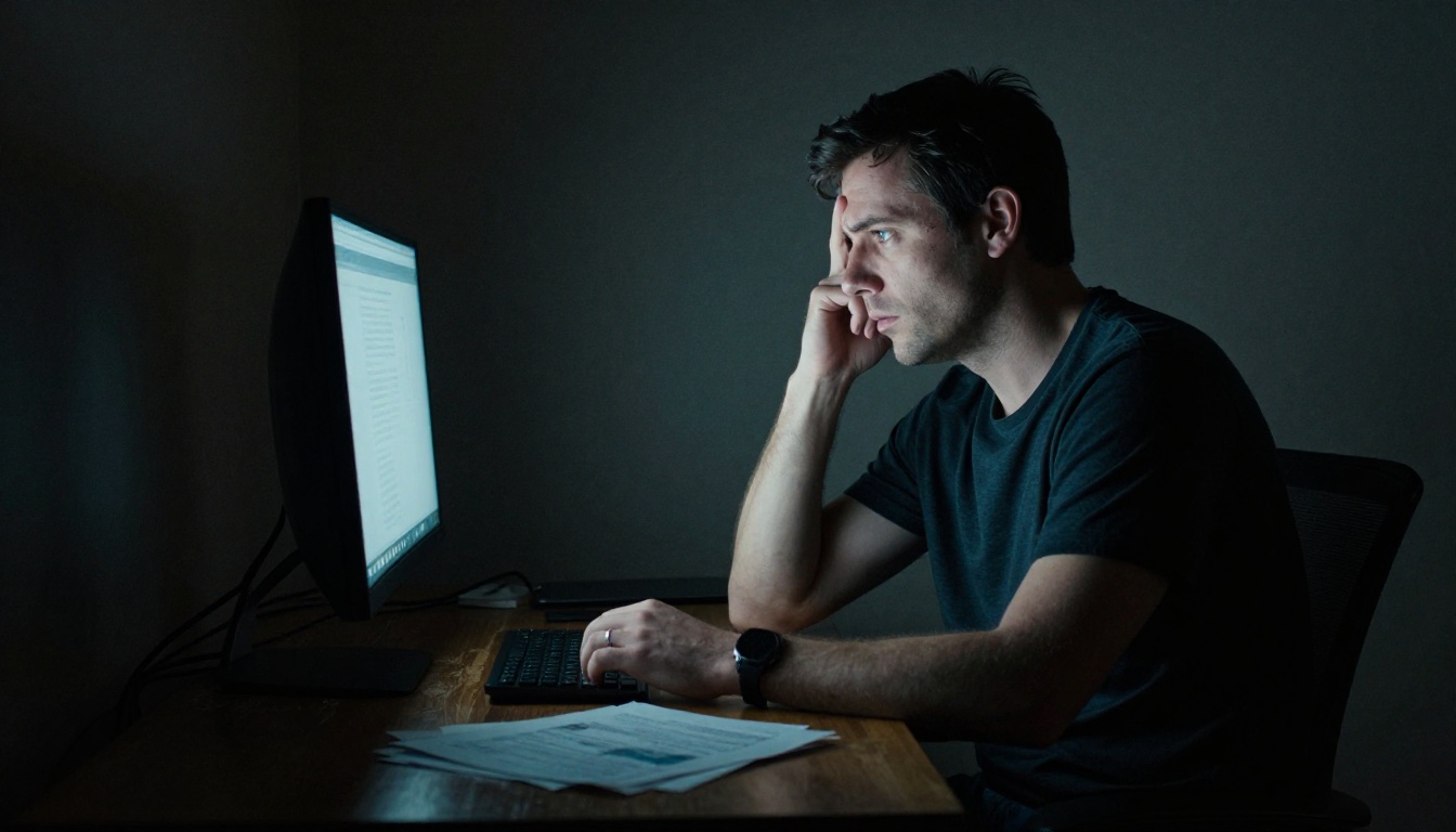 Man sitting at a dim desk reading a monitor with a concerned expression