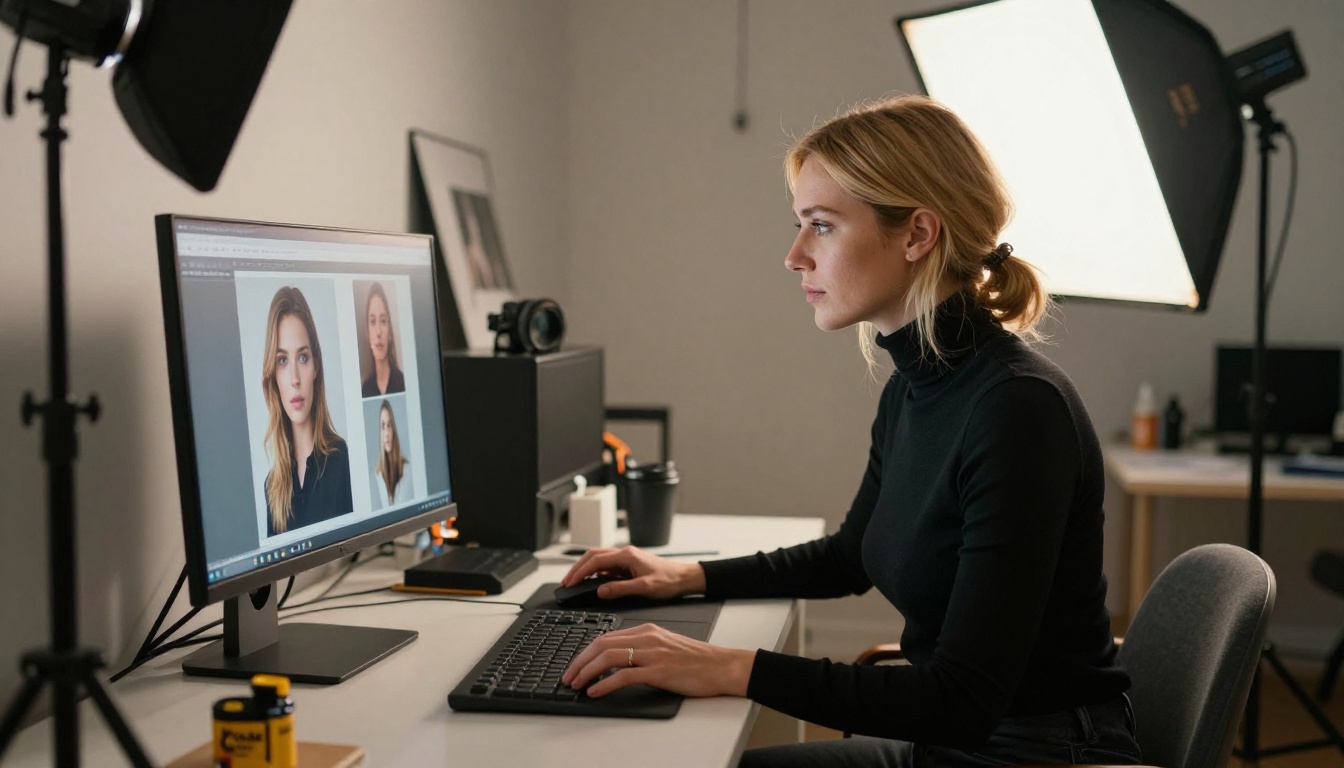 Woman with honey-blonde hair browsing a professional monitor in a creative photography studio, warm tungsten key light from upper right, studio equipment in background