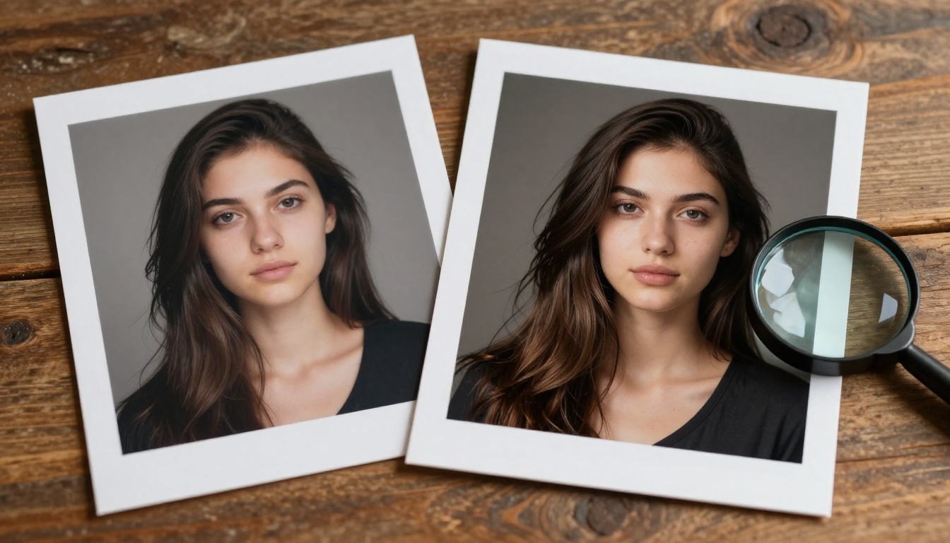 Two printed photo comparison sheets showing quality difference between AI outputs
