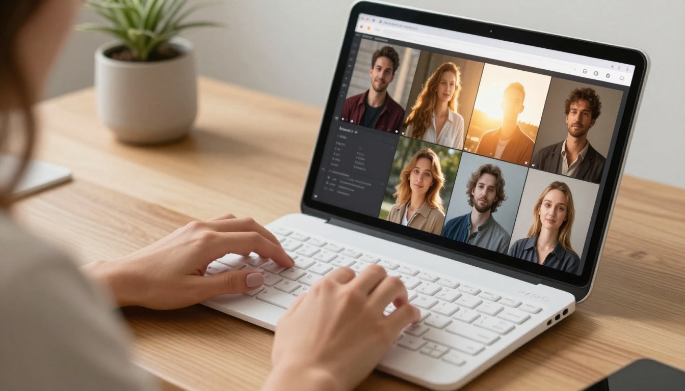 Woman's hands typing on a keyboard with an AI image gallery visible on the laptop screen