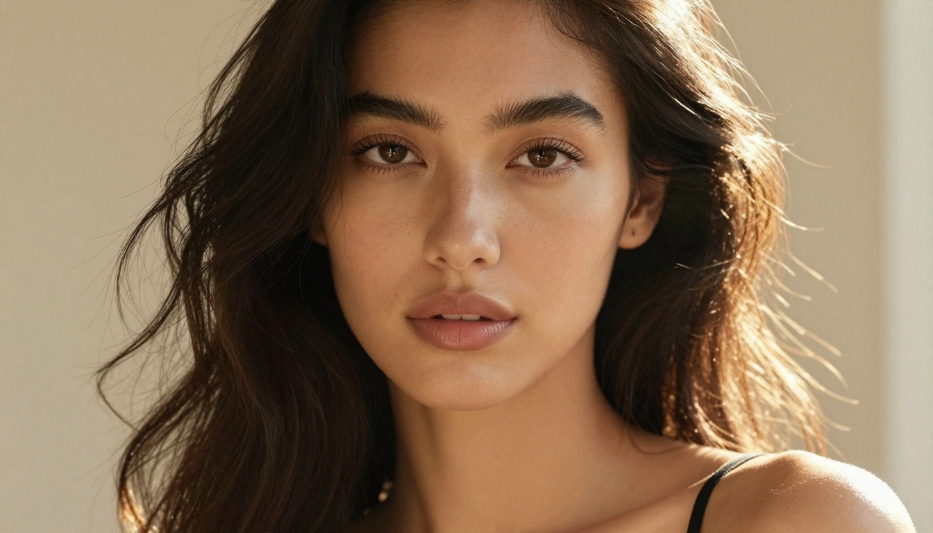Close-up portrait of a stunning model with olive skin and dark wavy hair in warm backlight