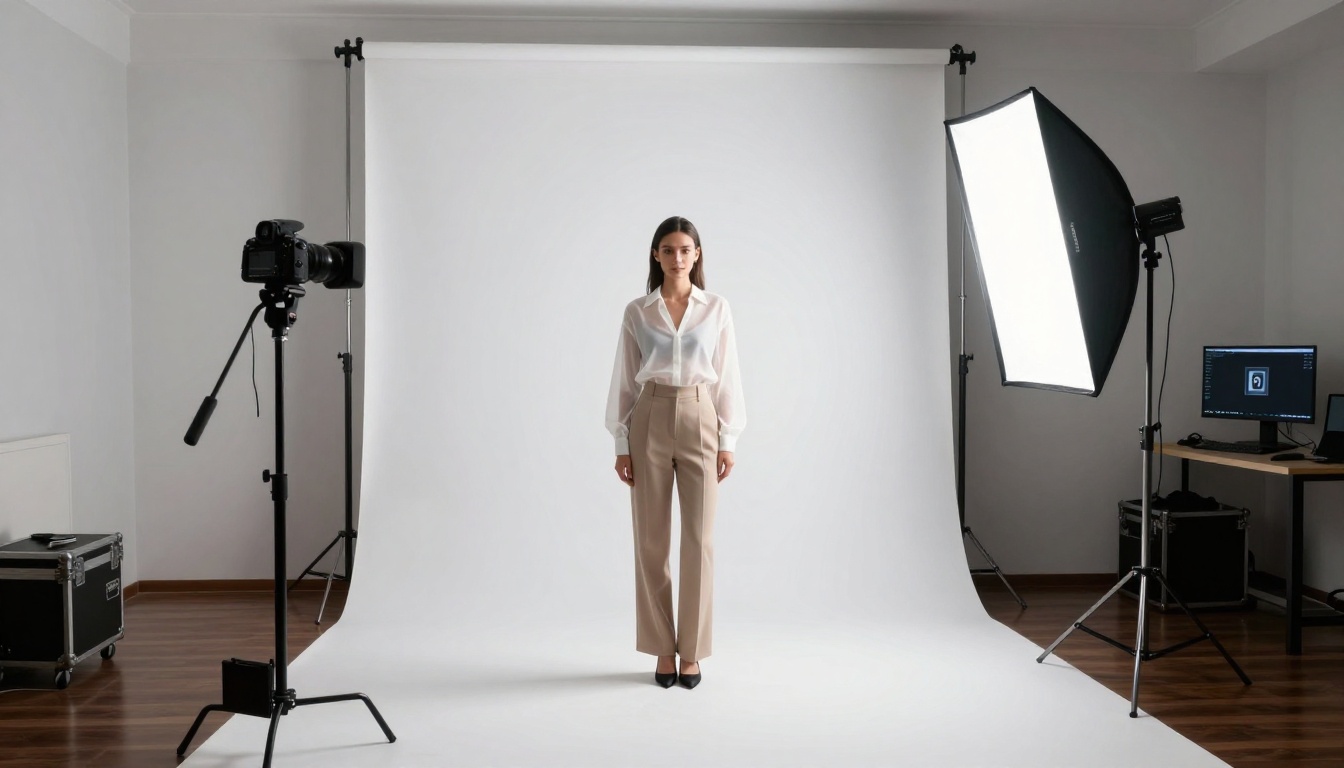 Wide shot of a professional photography studio with a model and camera equipment