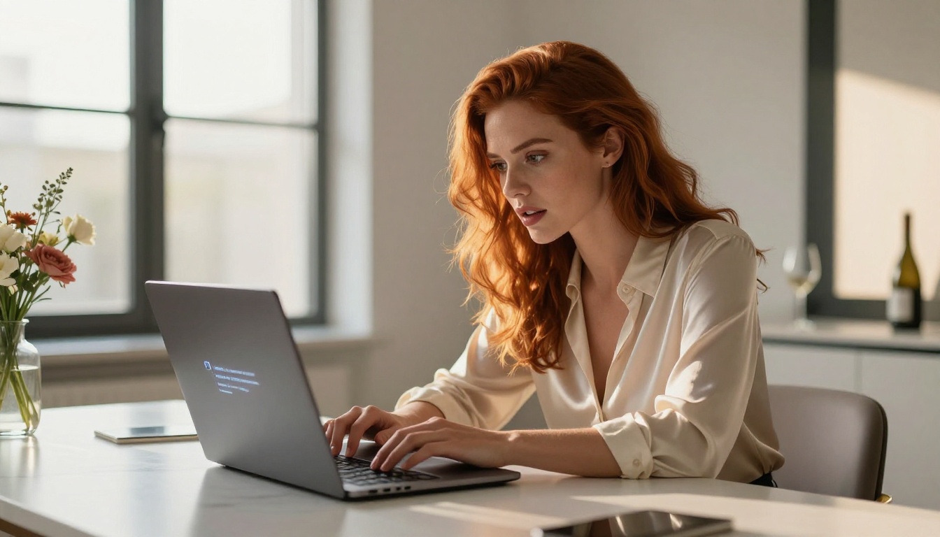 Beautiful woman with auburn hair leaning toward her laptop with a focused, intrigued expression, warm golden afternoon sunlight streaming through apartment windows