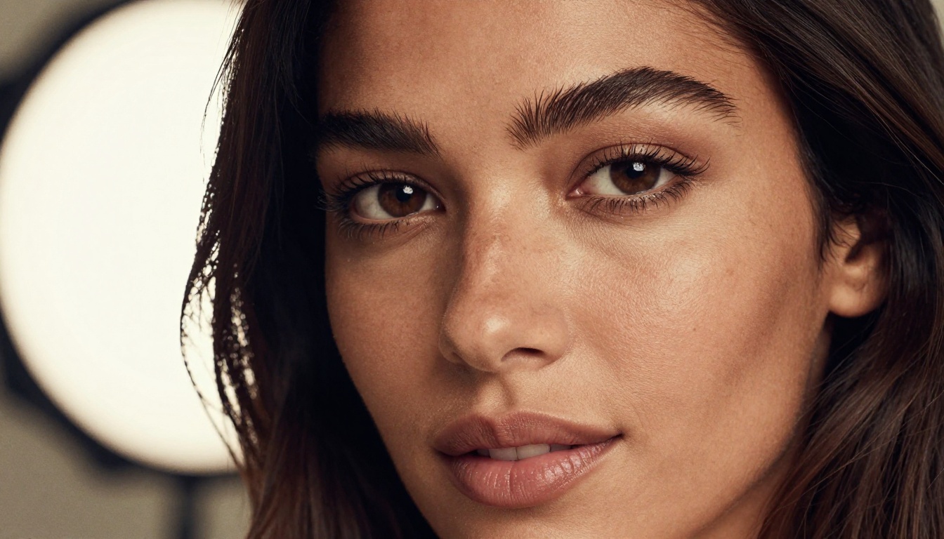 Close-up portrait of a stunning woman with dark almond eyes, flawless caramel skin, full lips with a knowing smile, soft Rembrandt studio lighting